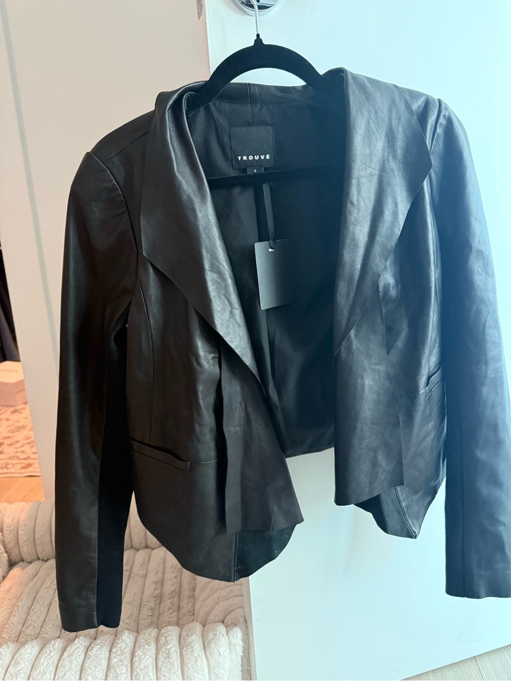 Black Leather Open-Front Jacket for Women